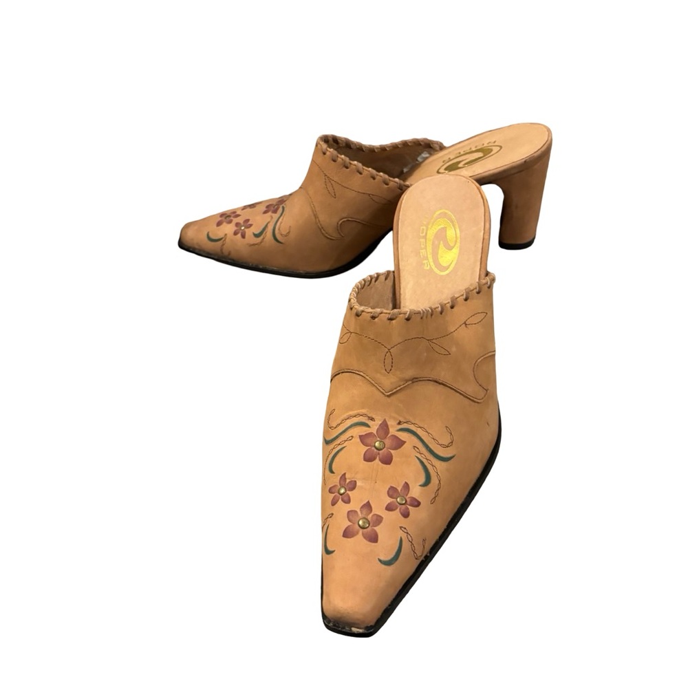 Roper Tan Embroidered Leather Artsy Western Boho Cowgirl Pointed Mule Heels 8.5